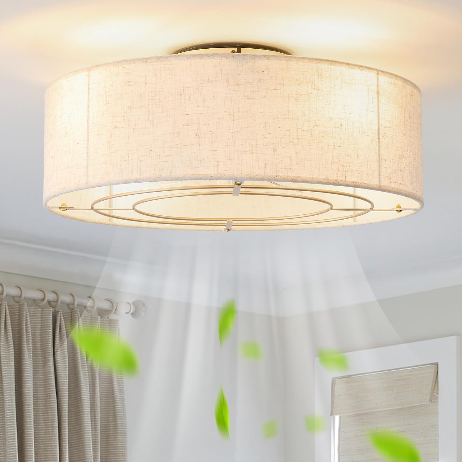 Low Profile Ceiling Fans with Lights, 20" Boho Rattan Ceiling Fan with Light Flush Mount and Remote Control, Drum Caged with 6 Speeds for Bedroom, Nursery, Living Room