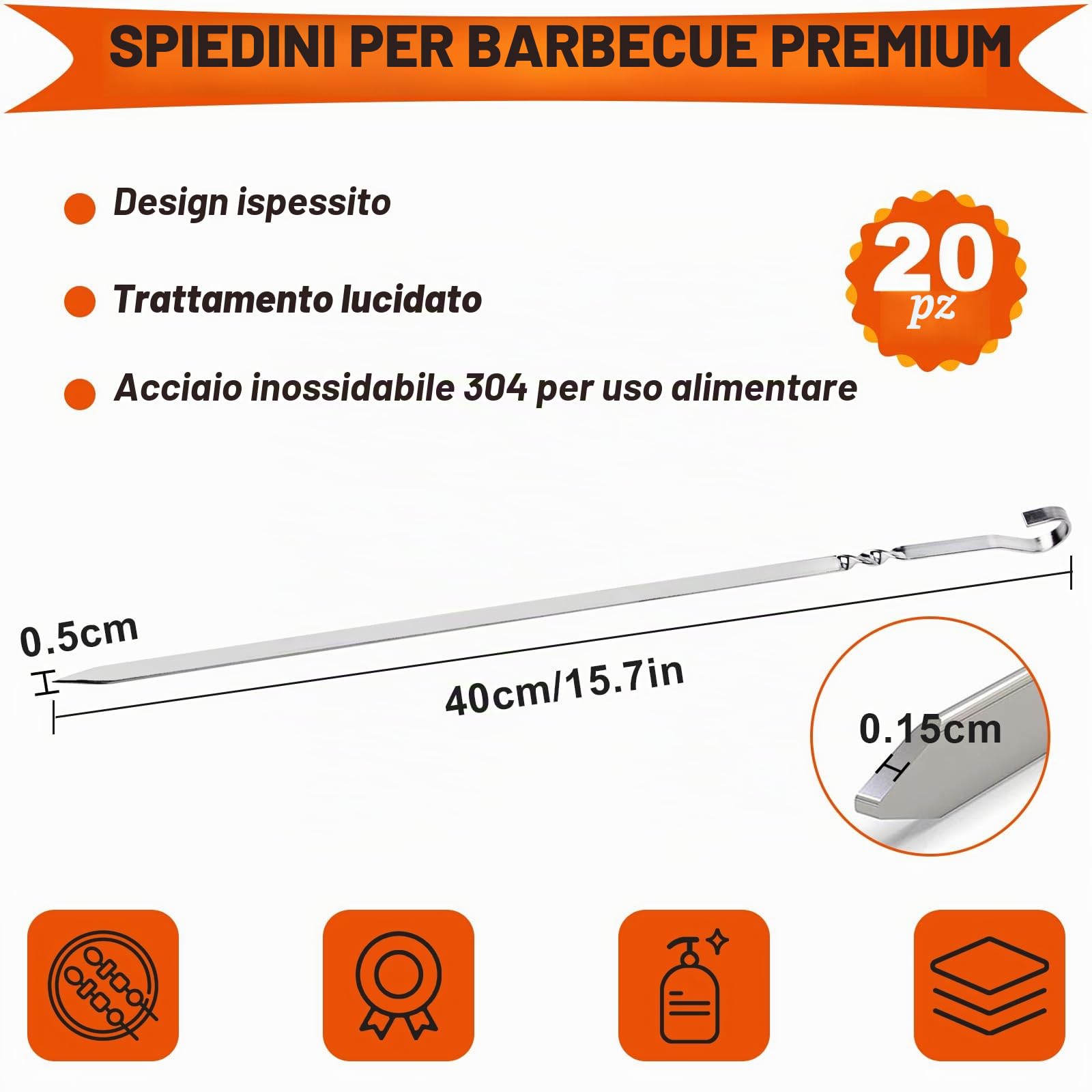 20 Pezzi Spiedini per Barbecue Spiedini in Acciaio Inox 304 di Alta Qualità Spiedini Piatti Lunghi 40cm Spiedini BBQ Riutilizzabile Accessori Barbecue per Utensili Barbecue con Borsa in Nylon