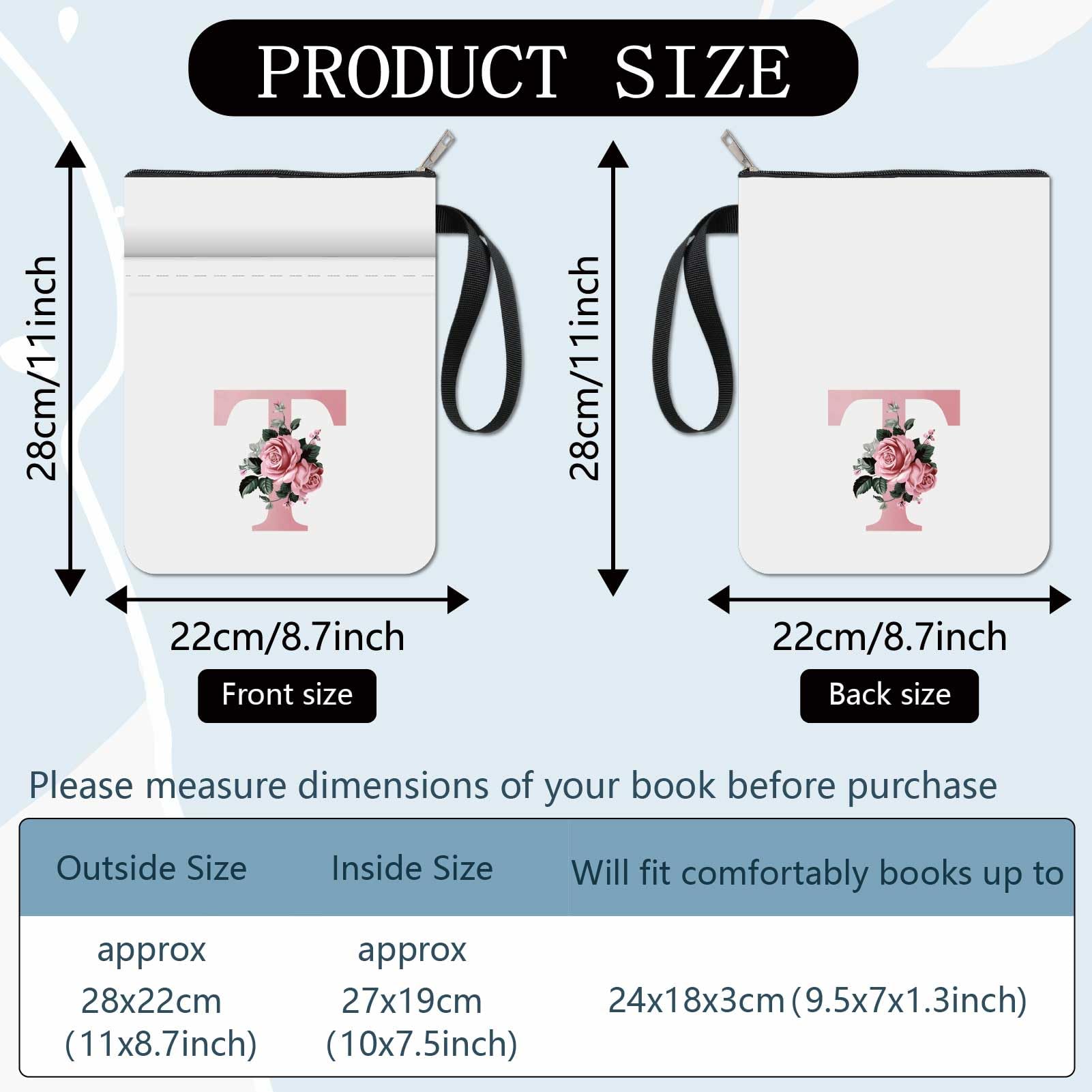 CRASPIRE Letter T Flower Book Sleeve Book Protector with Zipper Waterproof Canvas Pouch Covers for Books Lovers Paperbacks Hardcover Notebook Bible Journal Textbooks Washable Student 8.66 x 11 Inch - Image 3