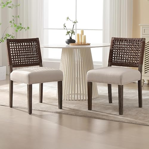 Miniatura 11 de Juego de 4 sillas de comedor estilo granja tapizadas de tela de lino, sillas de cocina y comedor modernas de mediados de siglo con respaldo de Parte