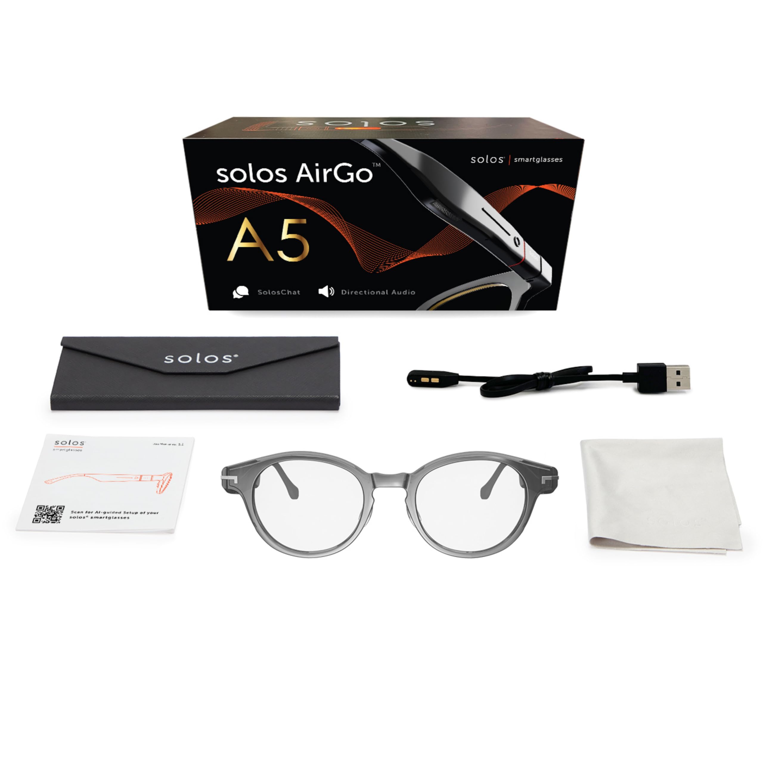 SOLOS A5 | Gafas alimentadas por IA | Hydro 8 | Gris transparente brillante | Lentes ChatGPT integradas para viajes y traducción en tiempo real | Altavoces estéreo | Compatible con iOS y Android