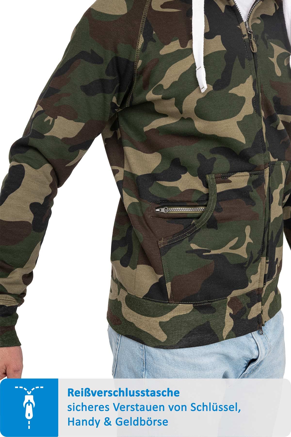 Happy Clothing Herren Sweatjacke Camouflage - Kapuzenjacke mit Tarnmuster, weiches Fleece innen, Baumwollmischung, 300 g/m², Zip Hoodie mit Zwei Taschen, Regular Fit, Militär - Größen XS-5XL