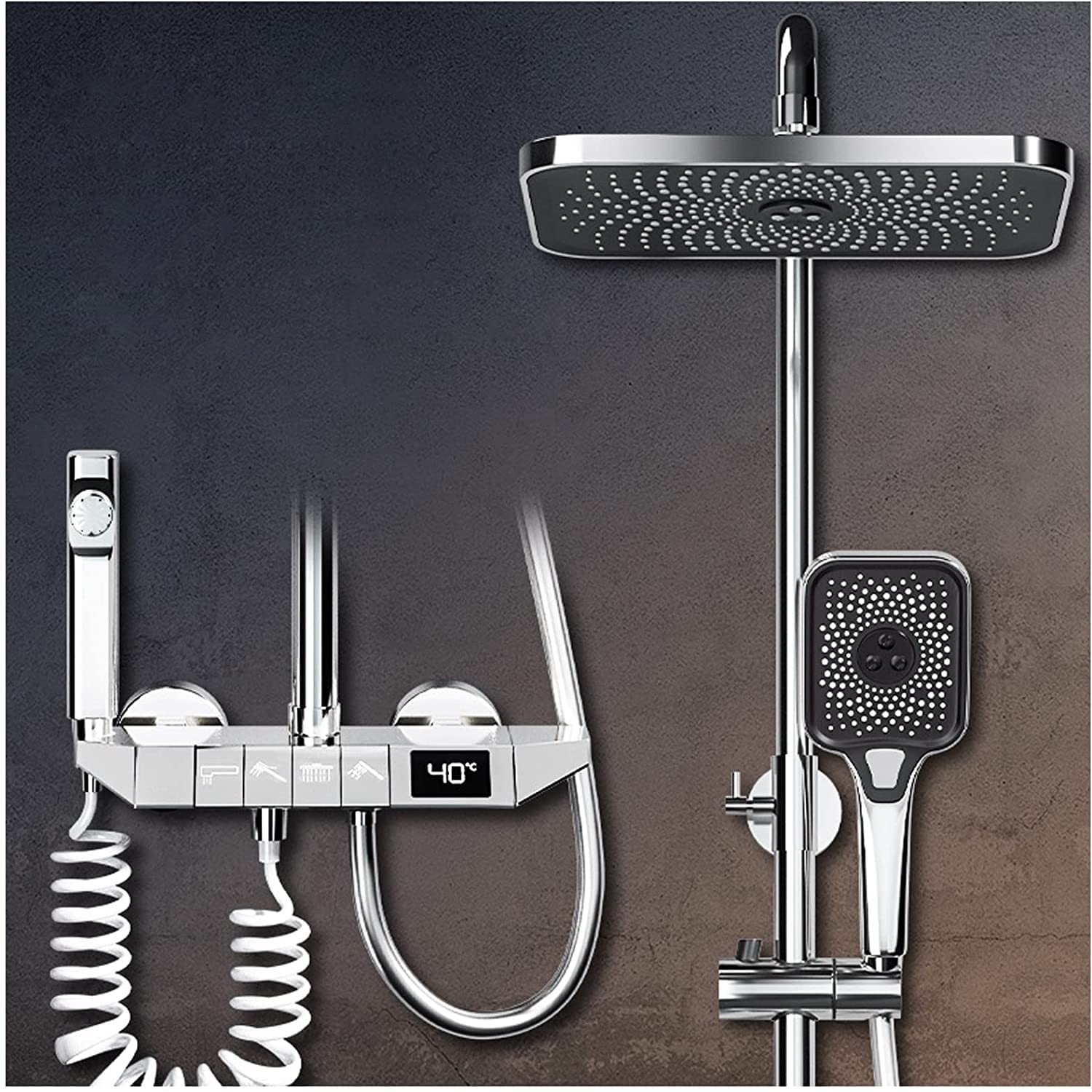 Set di rubinetti termostatici per Doccia, soffione a Pioggia con doccetta, Set di rubinetti a Parete Completi, Set a Vista con Doppia Testa, beccuccio per Vasca e Bidet a Mano