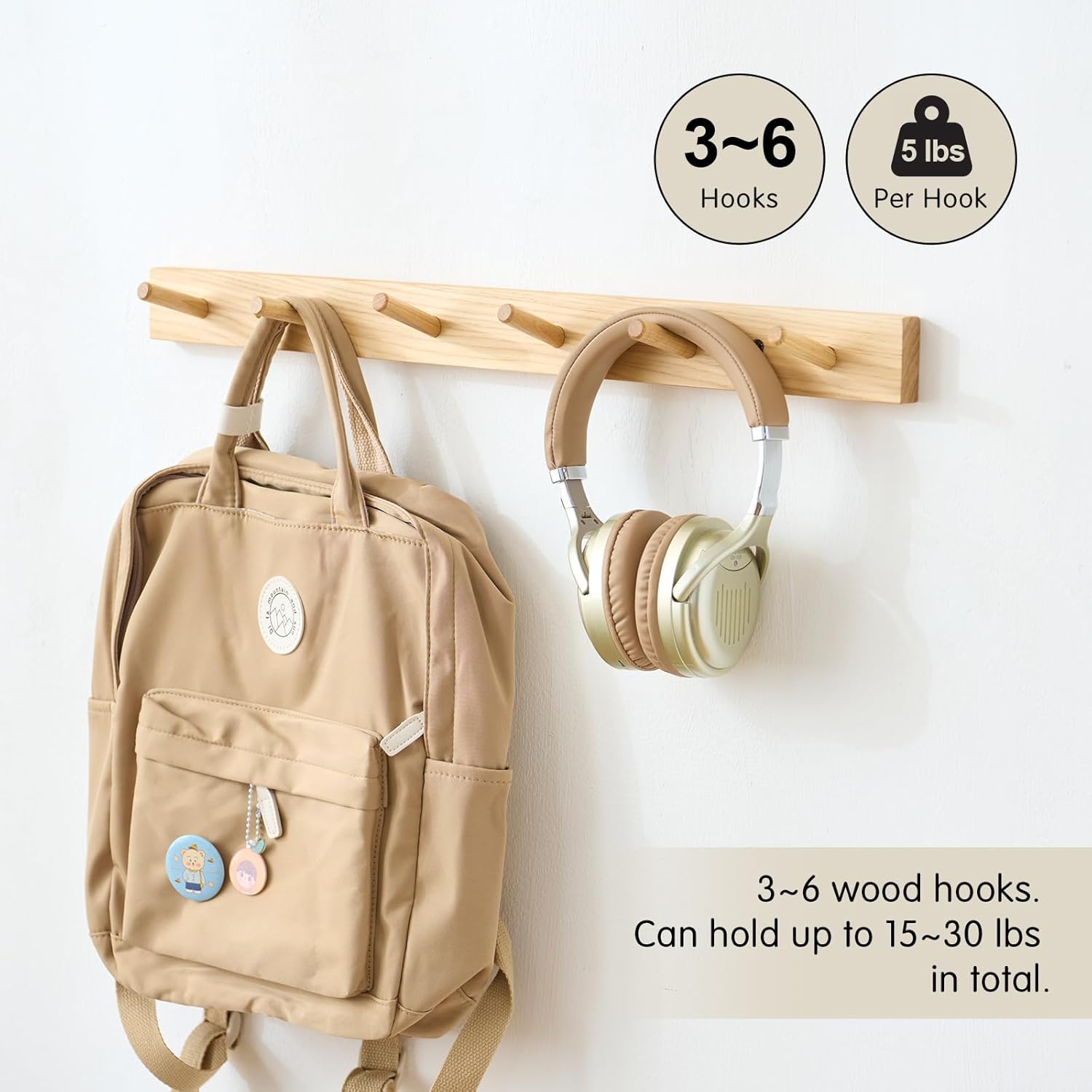 Hickory Wood Coat Rack Wall Mount, 20 Inch Coat Hook Hanger Wooden Wall Coat Rack with 5 Hooks for Purse Clothes Towels Hats in Entryway Bedroom Bathroom, Natural