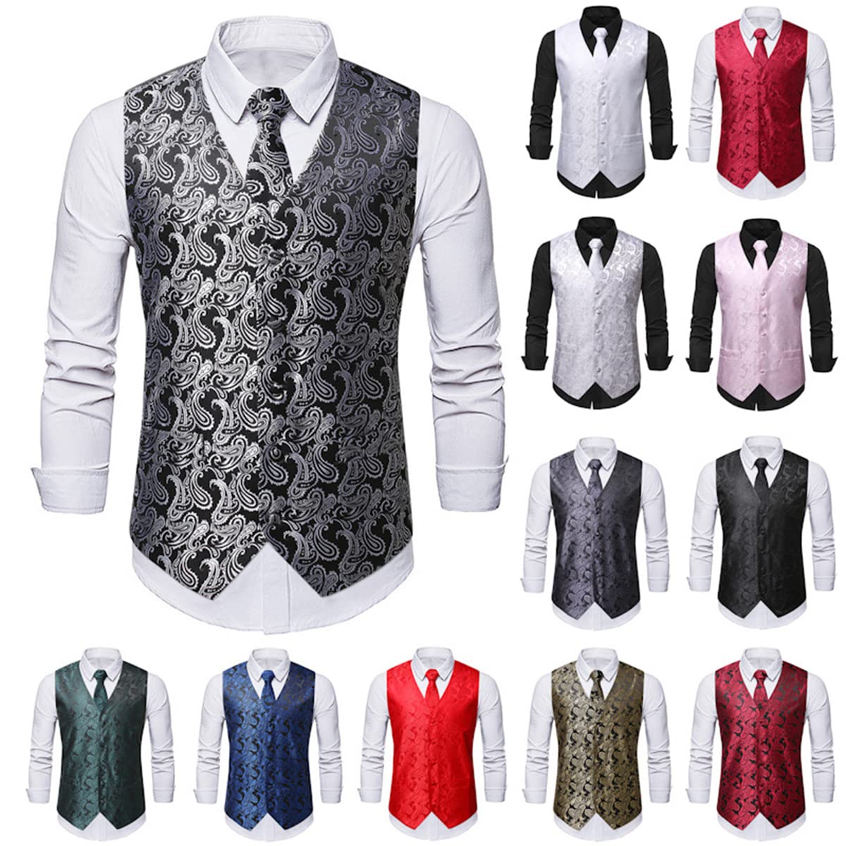 Homme Classique Paisley Floral Jacquard Gilet Couleur Unie Gilet Cravate/Nœud Papillon+Carre Mouchoir+Costume Gilet 3Pc Ensemble Réunion D'affaires Travail Mariage Gilet
