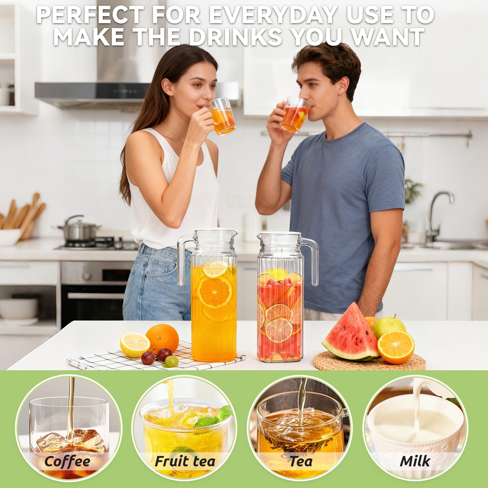 Caraffa per Acqua in Vetro con Coperchio, Confezione da 2 Pezzi da 1,1 Litri, Caraffa in Vetro con Maniglia, Adatta per Bevande Fai da Te, Succo, Tè Freddo, Latte, Acqua, Caffè