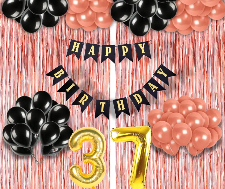 Image of 37th Birthday Decoration items for Girls with Black and Rose Gold Balloons, Black Happy Birthday Banner, Rose Gold Foil Curtain, Foil Balloon number 37