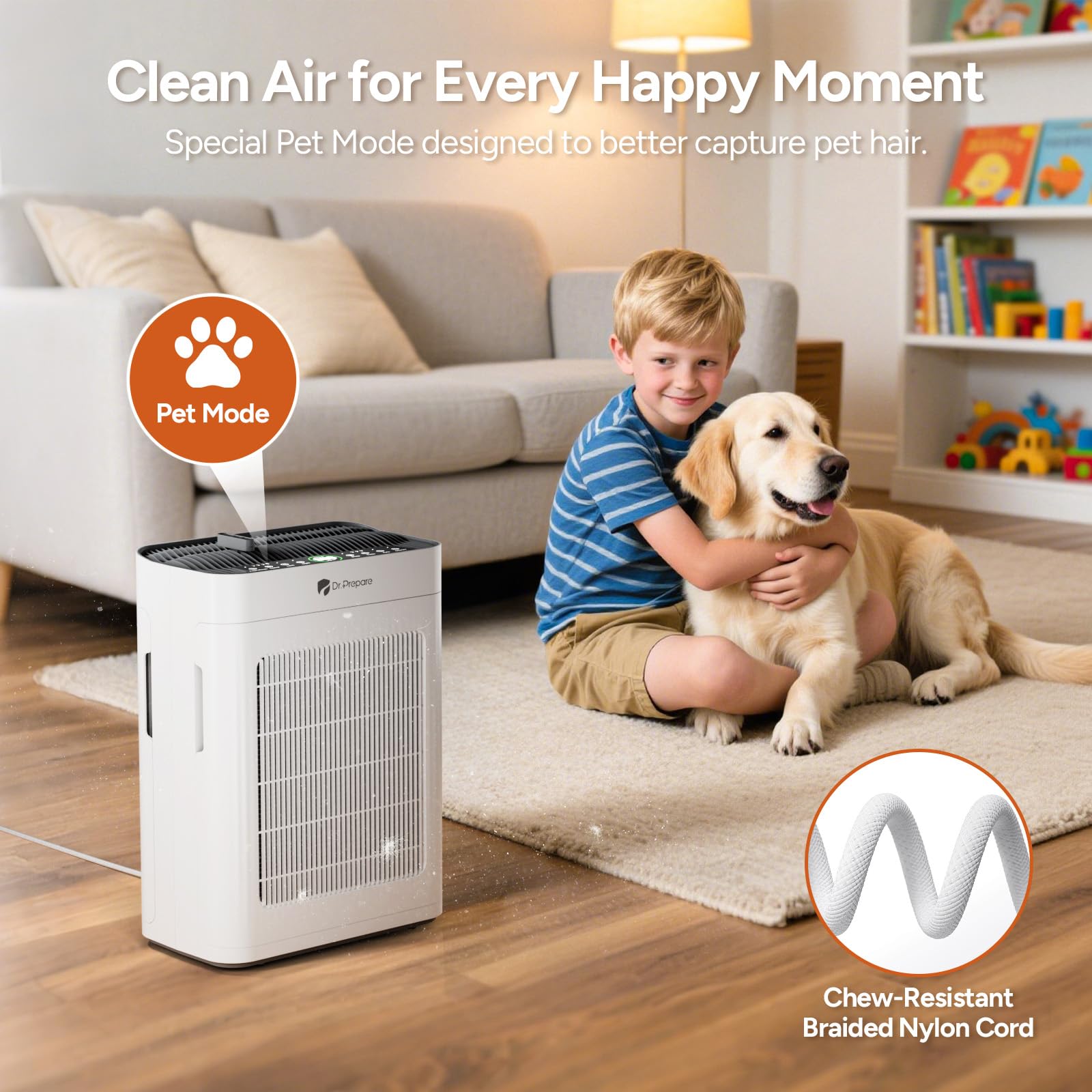DR.PREPARE Purificateur d'air Maison, Pet Mode, Double Aspiration, Jusqu'à 100 m², Mode Nuit, Silencieux 20dB, Pré-filtre Lavable, Capteur Intelligent de Qualité d'Air PM2.5, Pour Chambres, Bureaux