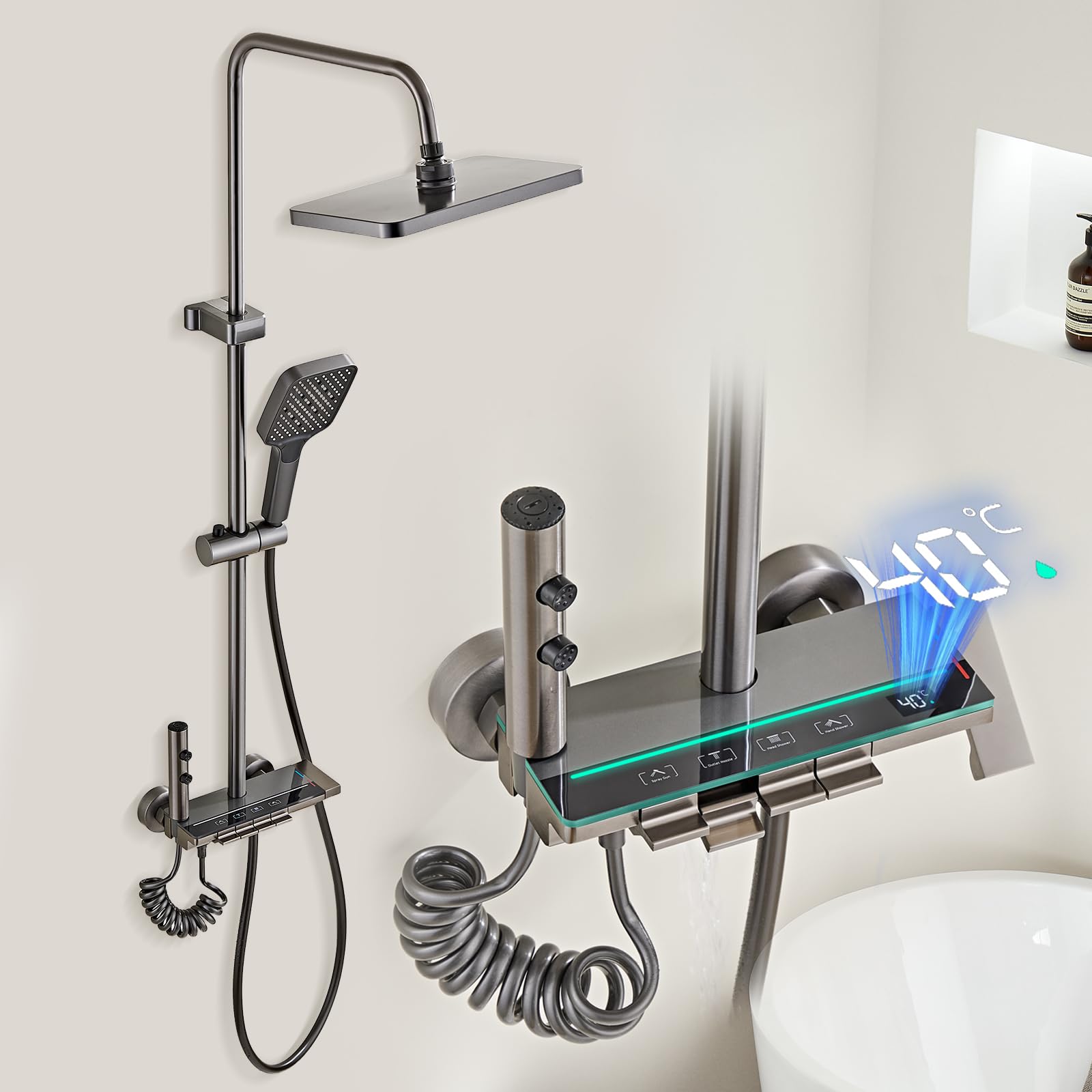 CALISTOUK 4 Modes Bathroom Shower Mixer Set, Piano Key Mode Control Rainfall Shower Shower Column Water Temperature Indication Shower Height Adjustable 70-103cm