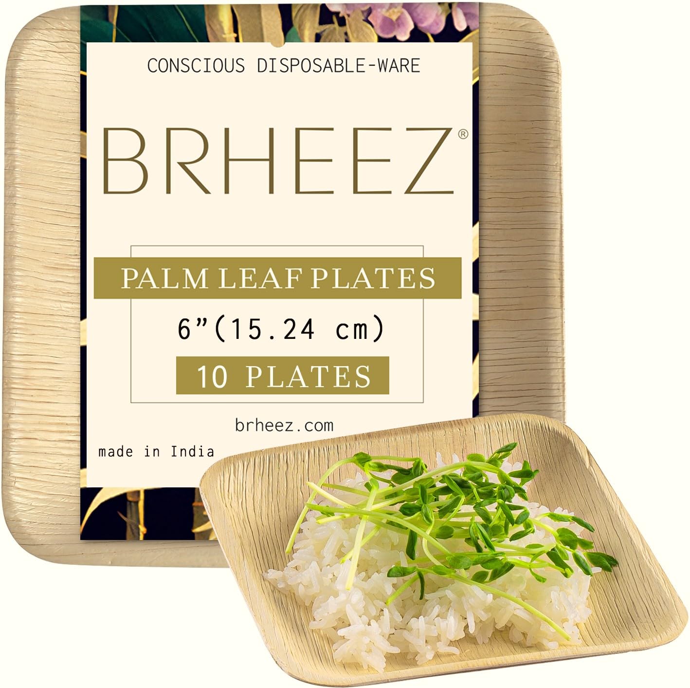 brheez Bamboo Plates made from Palm Leaf-10 Party Plates-6 Inch Square Eco Friendly Compostable & Biodegradable–Bamboo Disposable Plates Heavy Duty More Environmentally Friendly than Paper Plates