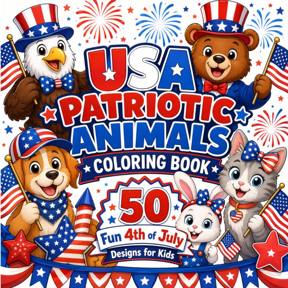 USA Patriotic Animals Coloring Book for Kids: 50 Fun 4th of July Cartoon Animals Celebrating USA / Easy Coloring Pages for Kids Ages 4–8