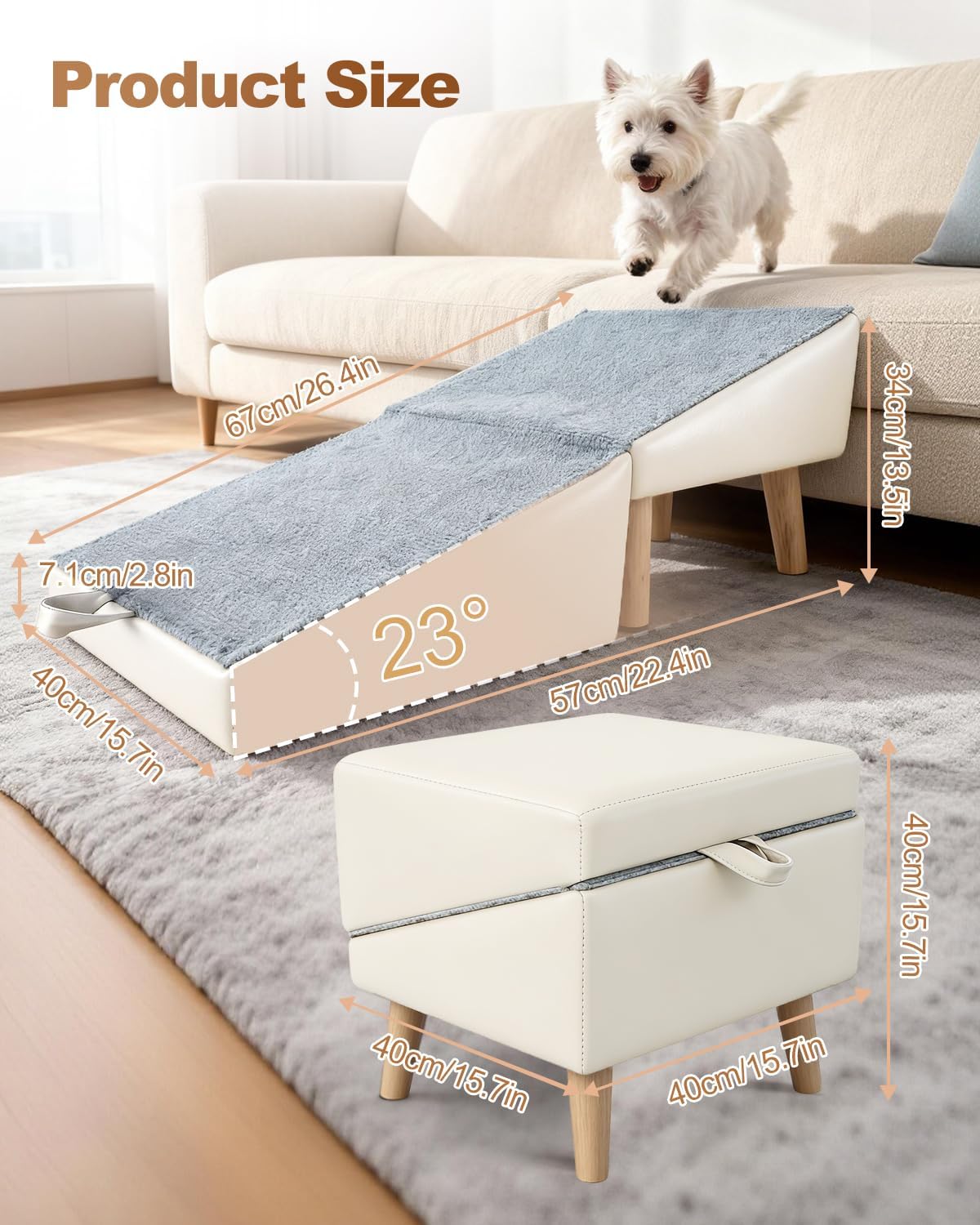 Dog Ramp for Couch Sofa and Low Bed, 15.7" W Foldable 2-in-1 Pet Steps & Ottoman, Non-Slip Wooden Pet Stairs for Small Senior Injured Dogs & Cats