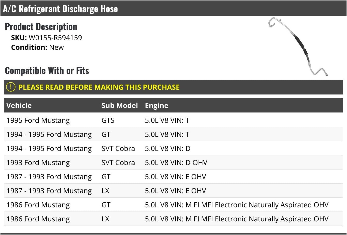 A/C Discharge Hose - Compatible with 1986-1995 Ford Mustang