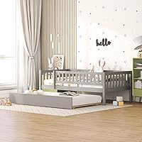 Vista 20 de Harper & Bright Designs Sofá cama individual con nido, marco de cama infantil de madera tamaño individual con valla, cama nido individual