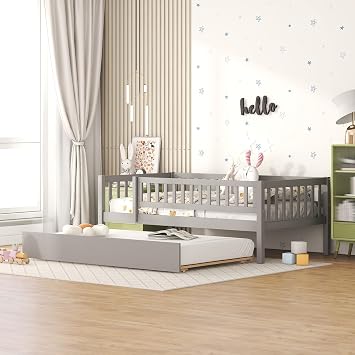 Twin Size Montessori Bed for Children Wooden Toddler Daybed with Fence and Trundle, Low Bed Frame with Rails for Kids Boys Girls, Grey