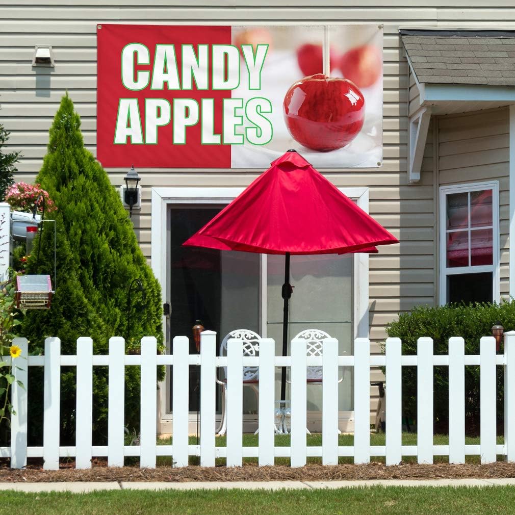 Vinyl Banner Multiple Sizes Candy Apples Outdoor Advertising Printing C Food & Beverage Candy Outdoor Weatherproof Industrial Yard Signs Red 4 Grommets 16x40Inches