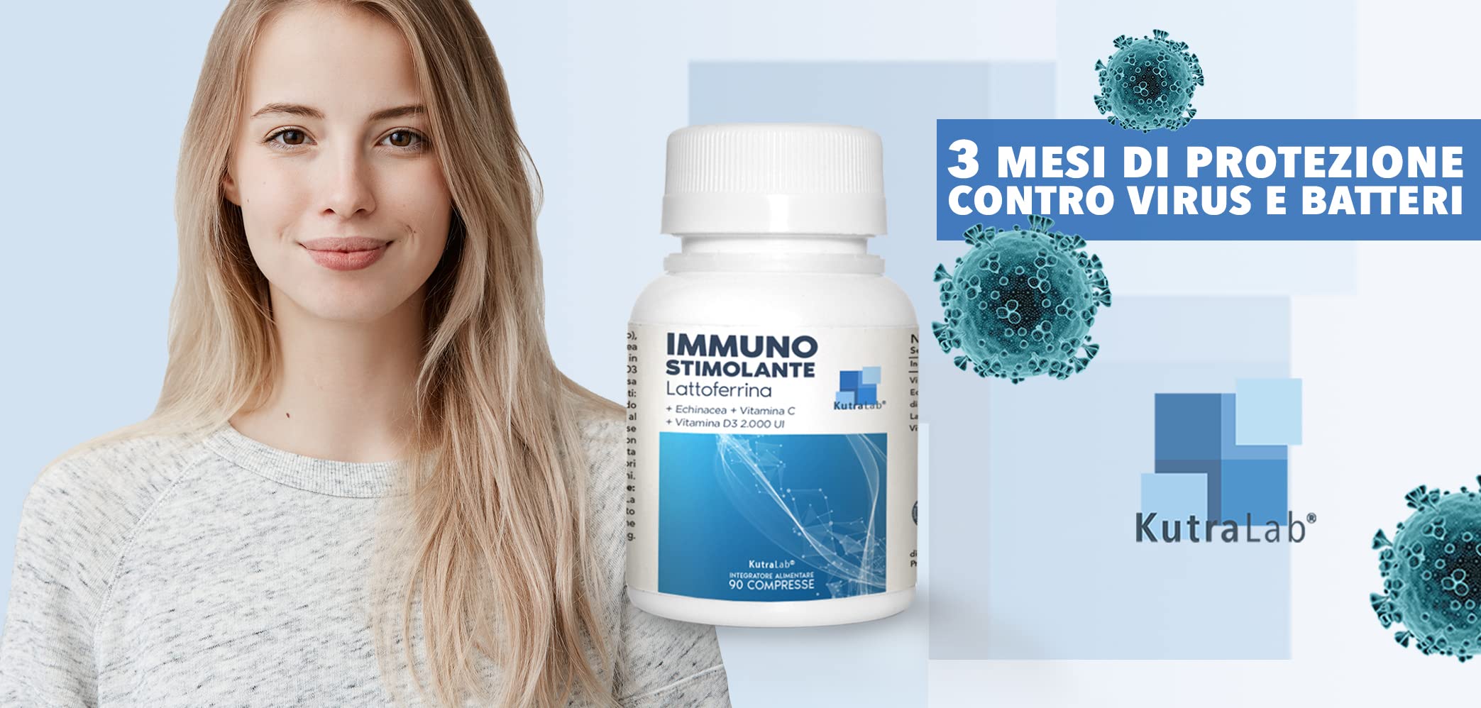 LATTOFERRINA Integratore Immunostimolante, 90 Compresse, Lattoferrina, Echinacea, Vitamina C, Vitamina D3 2.000 U.I., Fornitura 3 Mesi