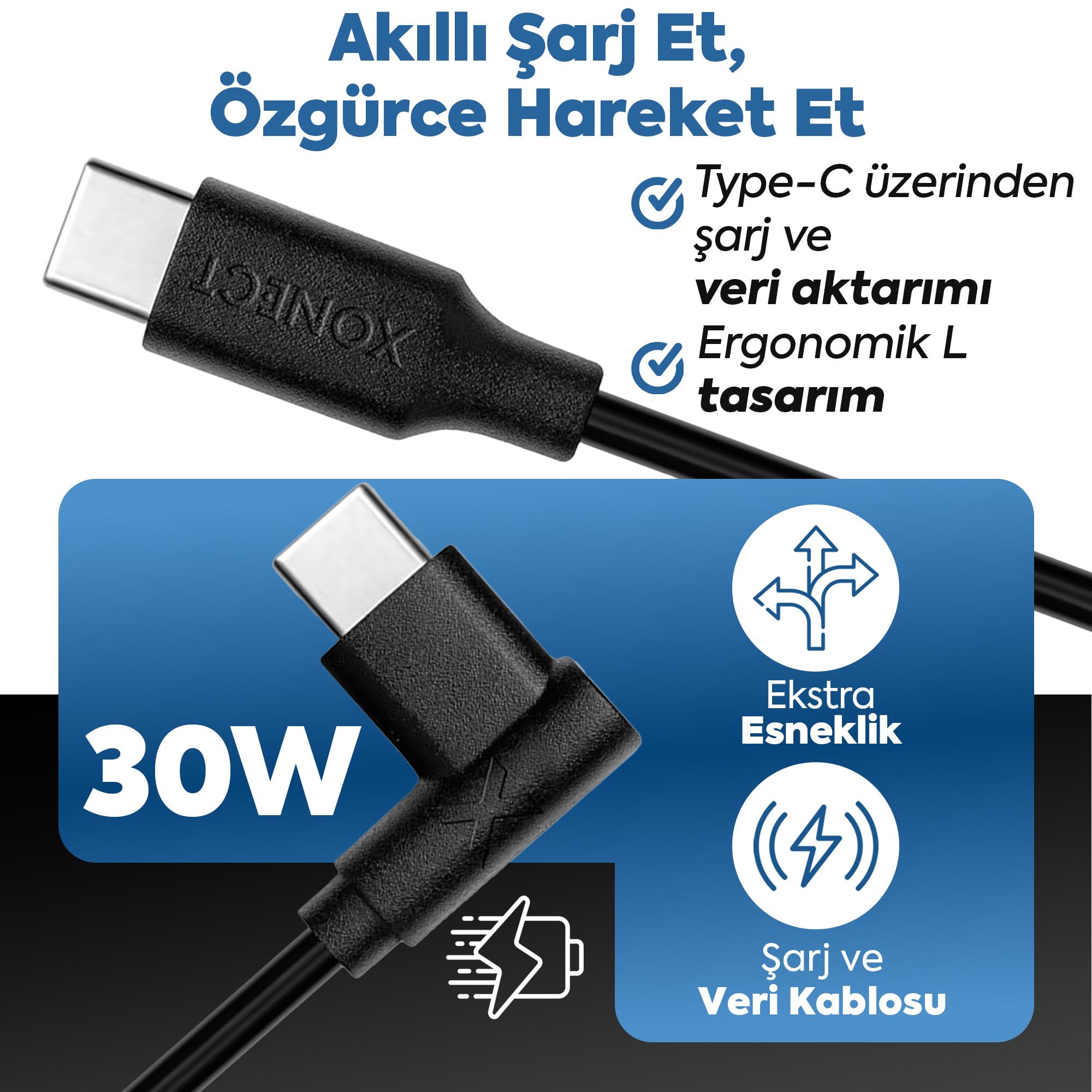 XONECT Type-C to Type-C ile Uyumlu iPhone ve Samsung ile Uyumlu Hızlı Şarj ve Data Kablosu 100 cm L Tipi Gaming Hasır Örgülü (Siyah)