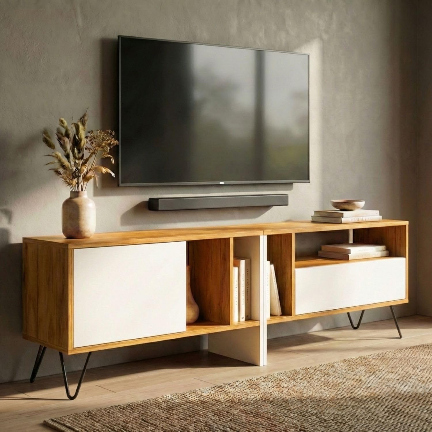 FFO TV Unit 180 cm 6ft | TV Unit 75 Inch+ for Living Room | TV Cabinet with Storage | TV Console Unit for 43, 55, 65, 75 Inch TVs | (Coach Wood & White) DIY.