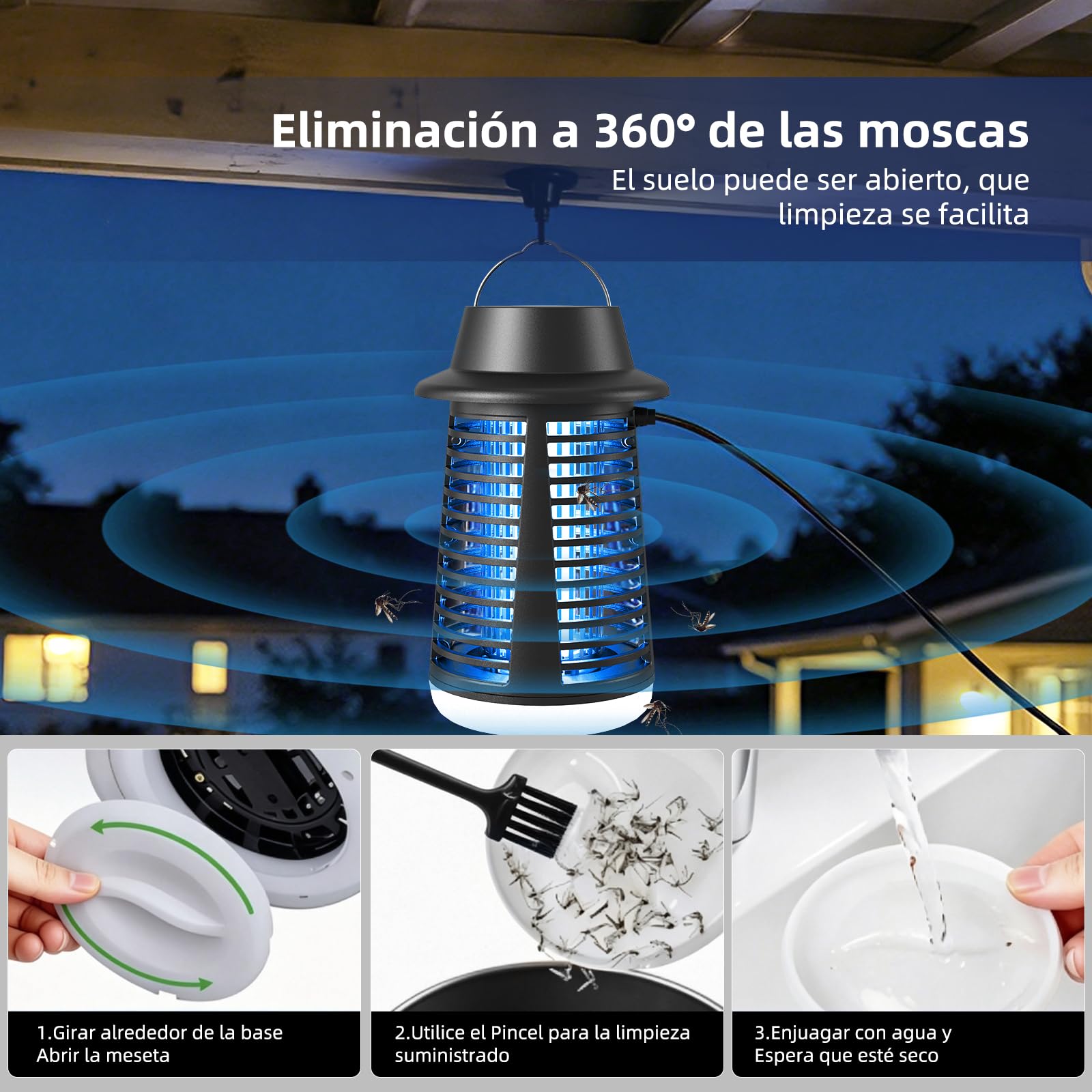 Lámpara Antimosquitos, Tecnología de Descarga Eléctrica 4250V Antimosquitos y Protección IPX4, equipada con Luz UV 20W e Iluminación LED para una Acción Repelente Mosquitos en Interior y Exterior