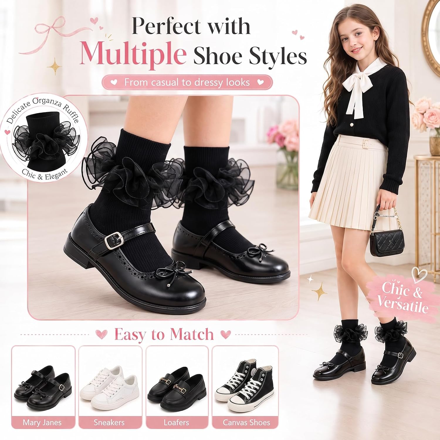 Big Girls Ruffle Socks Cotton Frilly Lace Ankle Dress Socks 8-15 Years