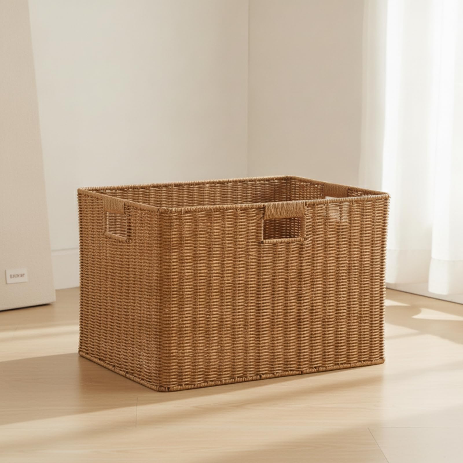 Cesta Ratán Sintético sin Montaje Cesto Almacenaje con Bor Reforzado Resistente para Dormitorio, Armario, Mudanzas, Café Claro, 49x35x31cm