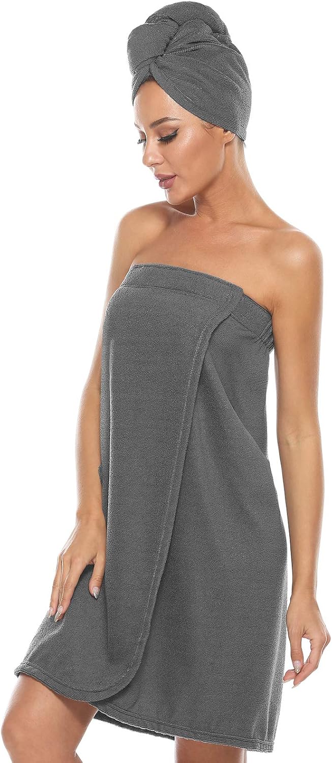 ROSYLINE Bath Towel for Women Towel Wrap with Hair Drying&Adjustable Closure Grey S/M