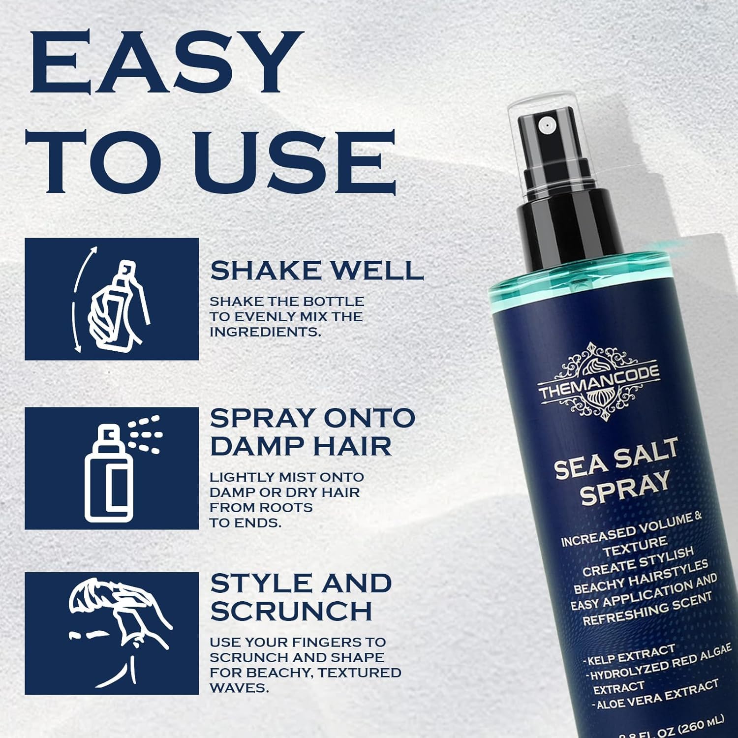THEMANCODE Męski spray z solą morską, teksturujący lakier do włosów z wodorostami, czerwonymi wodorostami i aloesem, spray do surfingu dodaje natychmiastowej objętości, lekkie utrwalenie i grubość