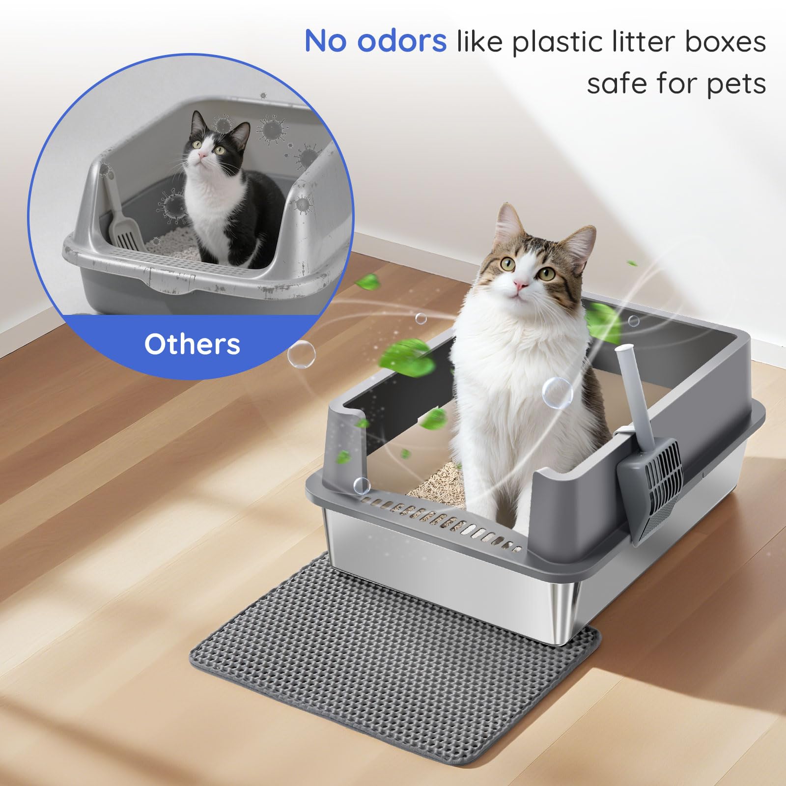 XXXL Stainless Steel Cat Litter Box with Lid, 28"x20"x12", Extra Large High Sided Metal Litter Box, with Scoop, Litter Mat, Non-Sticky, Anti-Urine Leakage, Easy to Clean for Big Cats and Multiple Cats - image 8