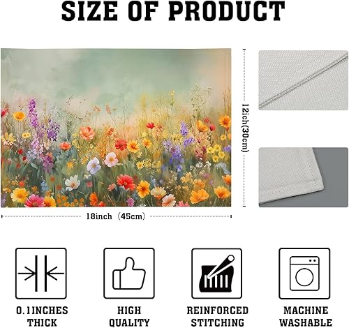 Miniatura 3 de Juego de 4 manteles individuales florales para primavera y verano, lavables, antideslizantes, resistentes al calor, 12 x 18 pulgadas, manteles
