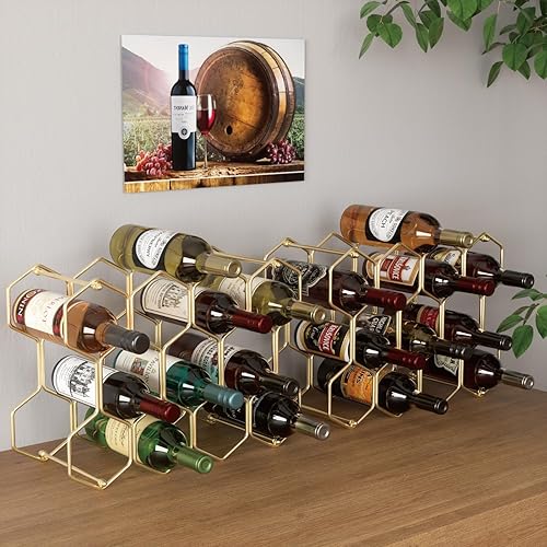 Miniatura 9 de Buruis Estante de vino para encimera, soporte para 14 botellas de vino para almacenamiento de vino tinto y blanco, estante de vino de metal