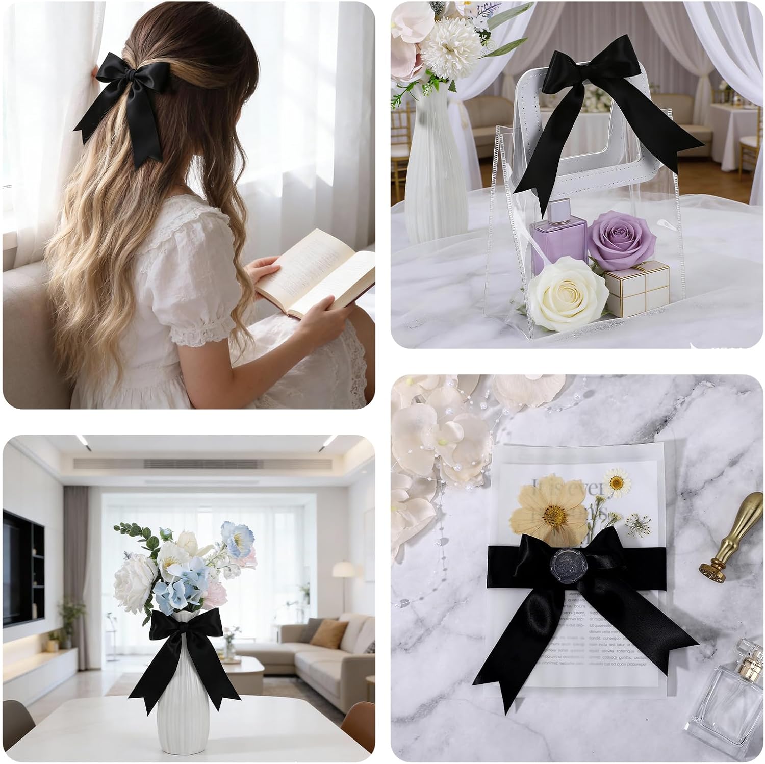 EUSOAR Black Ribbon, 1 Roll 1 1/2 inch x 25 Yd Fabric Double Faced Satin Ribbon, Solid Silk Ribbons for Craft Gift Wrapping Flower Bouquet Handmade Wedding Invitation Party Hair Decor Bow DIY Sewing