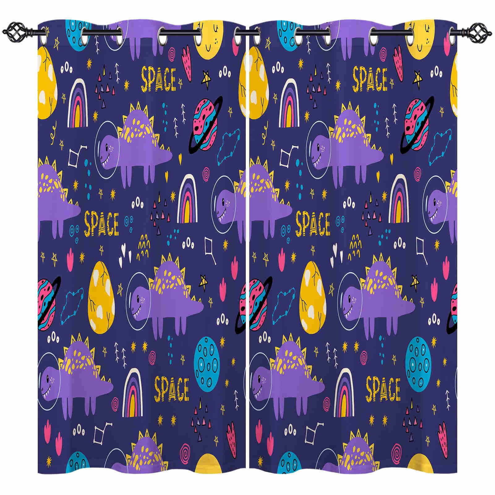 ANHOPE Space Curtains Eyelet Ring Top Soft Thermal Insulated Blackout Curtains Dinosaur Moon Planet Stars Print Pattern Decorative Window Drapes for Kids Bedroom Living Room 42 x 63 Drop Inch 2 Panels