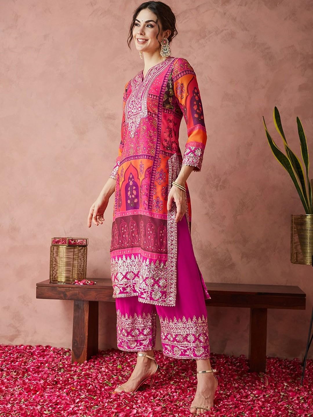 Indische Pakistanische Stickerei Kurta Set Damen Kleid Hochzeit Party Kleid Sharara Palazzo Salwar Kameez Damen
