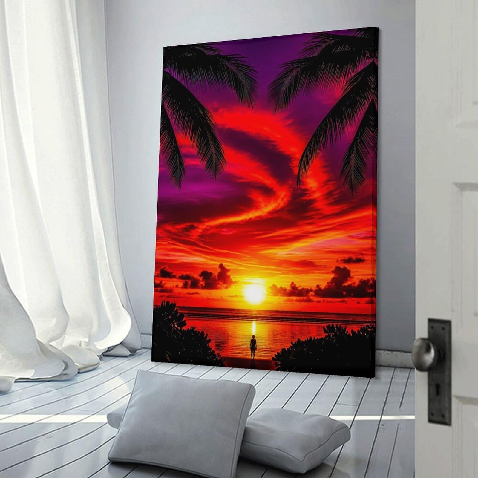 Junmoney Vibrant Sunset Over Tropical Ocean Wall Decor Canvas Print, 24x36inch(60x90cm), for Home Lounge, Bedroom Or Reading Nook, Decorative Artwork for Empty Walls