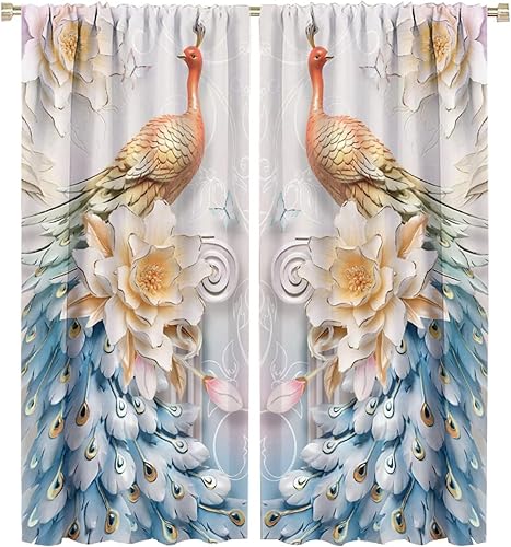 Miniatura 193 de Cortina opaca con estampado de pavo real, con estampado de animales retro, con bolsillo para cortinero y flores de peonía doradas, para dormitorio,