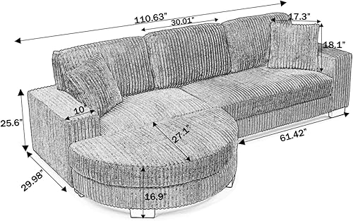 Miniatura 2 de Sofá cama modular en forma de L con almohadas, sofá modular convertible de pana con reposapiés curvado móvil, color negro