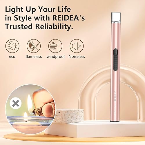 Miniatura 27 de REIDEA Encendedor de velas electrónico, a prueba de viento, sin llama, recargable por USB, con botón de seguridad, para cocina en casa, S4, dorado