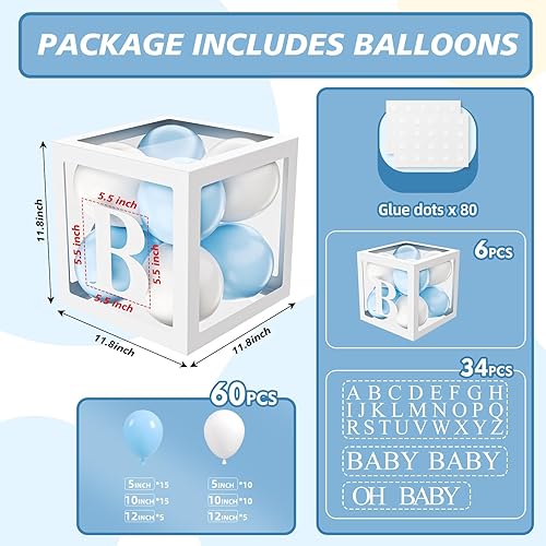 Miniatura 2 de ADOINBY - Cajas de bebé con letras para baby shower, 6 cajas blancas transparentes con letras y globos azules y blancos, cajas de globos con letras