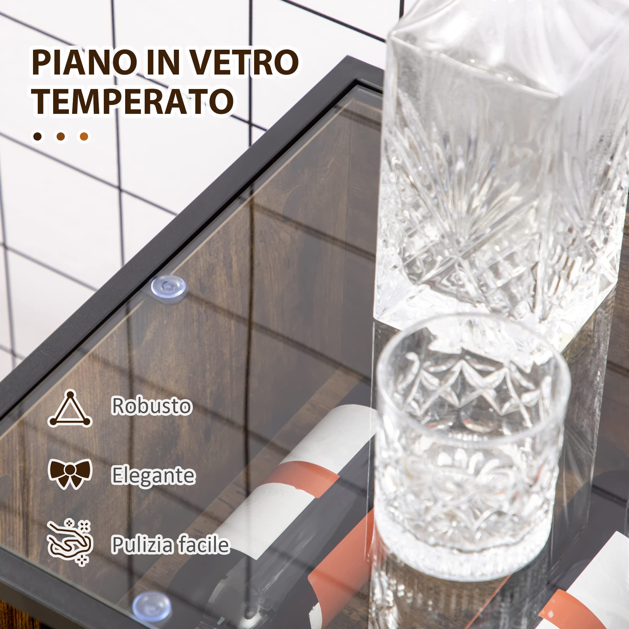 HOMCOM Mobile Multiuso da Salotto con Portabottiglie, Vani Aperti e Armadietto, Mobiletto Porta Vini Stile Industriale, 60x40x100cm, Marrone