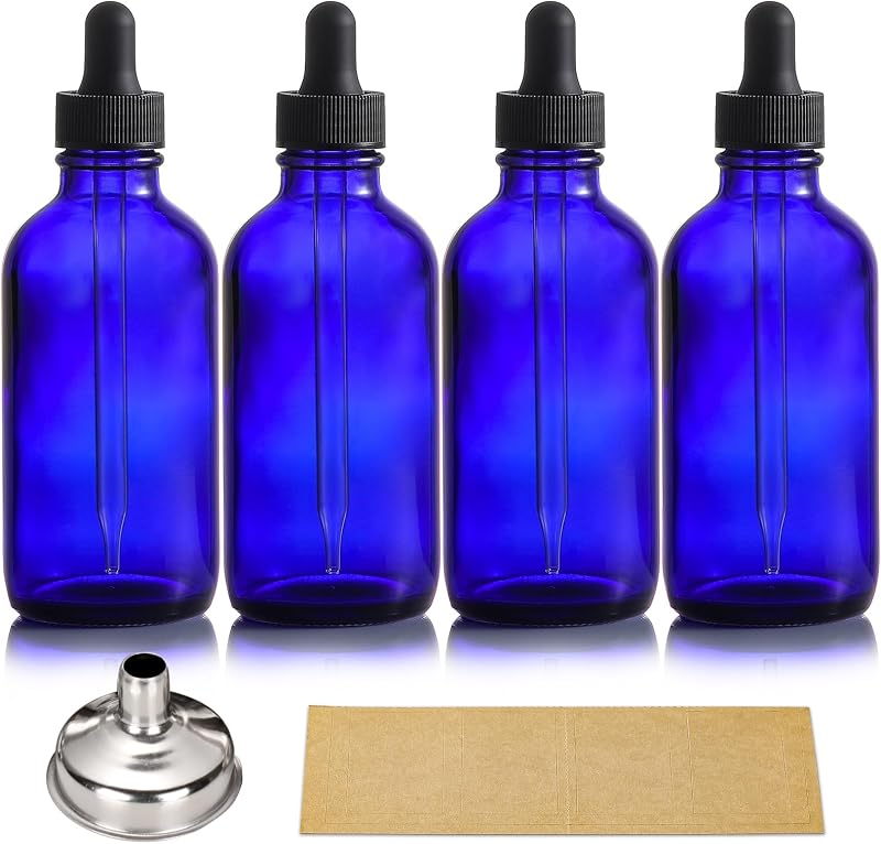 AOZITA Frascos conta-gotas de vidro azul, 120 mL, com tampa preta, pacote com 4