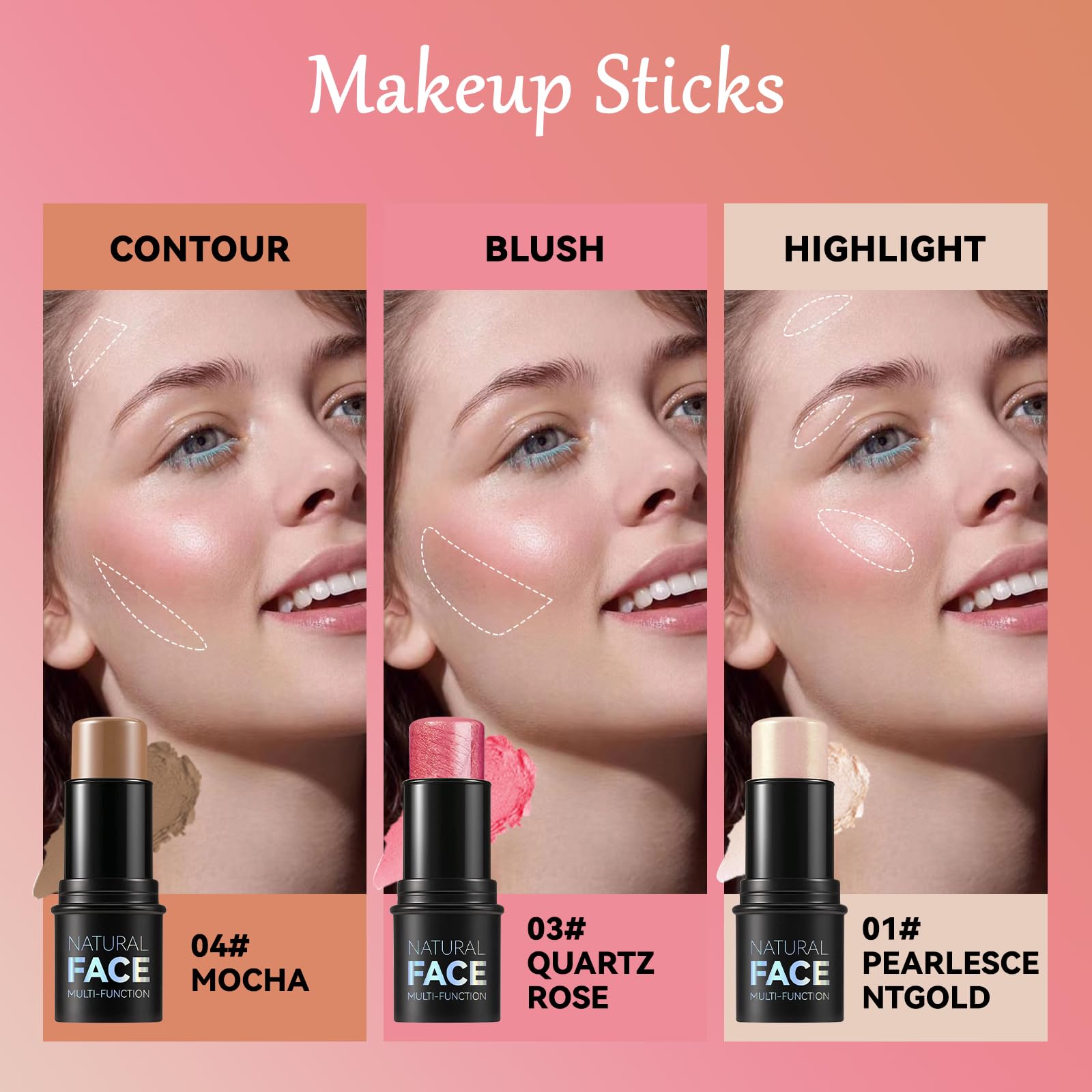 MLSMILE 3Pcs Cream Contour Stick Makeup Kit,Create Face Contour,Highlighter Stick,Blush stick for Sculpt the Cheeks,Bronzer Contour Sticks,Waterproof Long-lasting Contour set,Non-greasy(01#,03#,04#) - Image 3