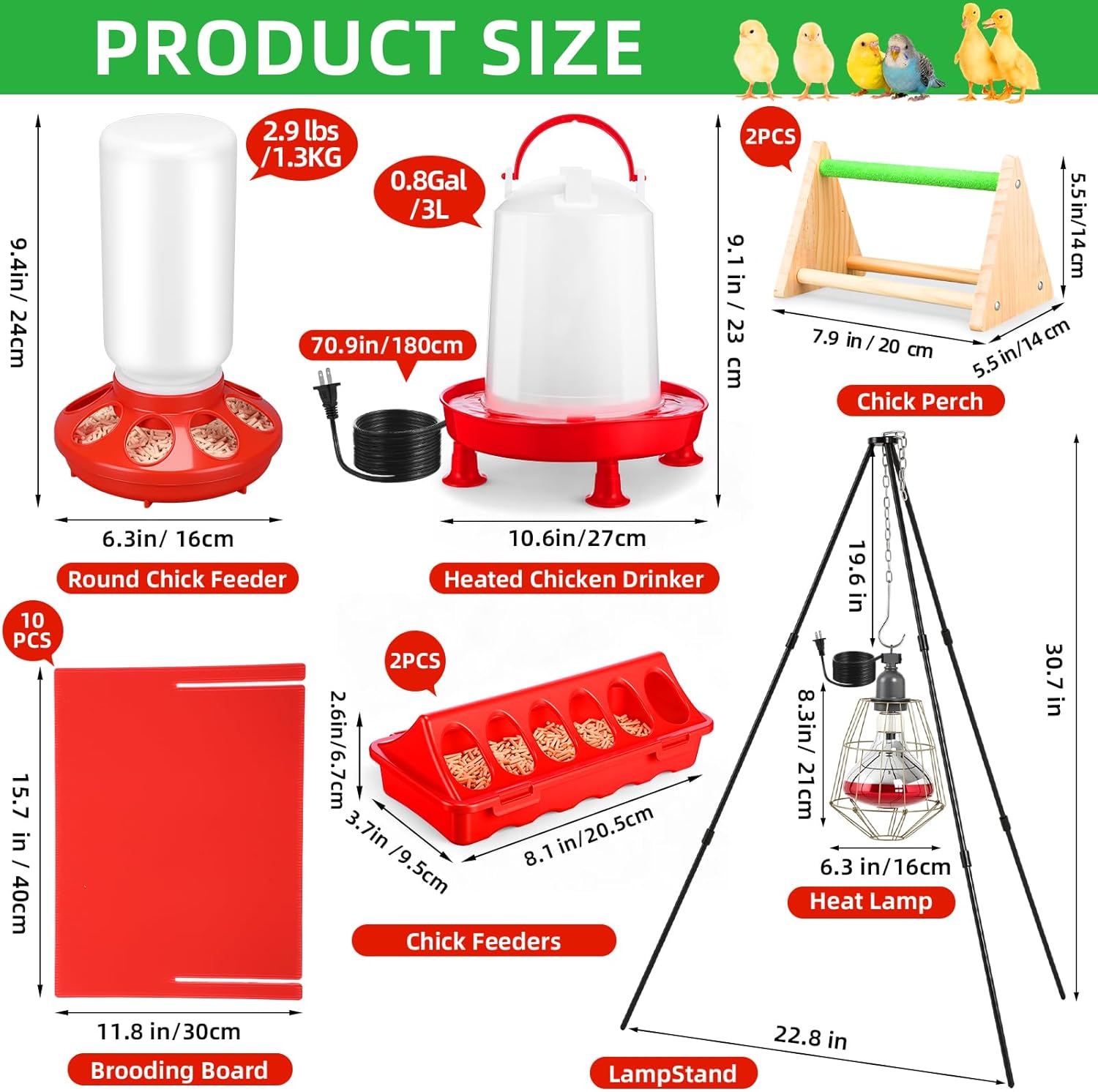 8 Pcs Chick Starter Kit Include Chicken Brooding Box with 75w Heat Lamp, Heated Chicken Waterer and Feeder, Chick Perch, Flip Top Poultry Feeder for Duck Goose Quail