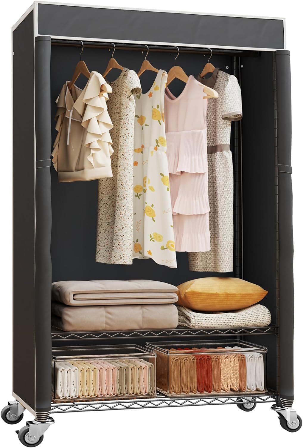 H4 Garment Rack with Cover, Rolling Heavy Duty Clothes Rack, Wardrobe Closet Organizer and Storage, Portable Closet for Hanging Clothes, Black Clothing Rack Shelf with Black Fabric Cover H4 Garment Rack with Cover, Rolling Heavy Duty Clothes Rack, Wardrobe Closet Organizer and Storage, Portable Closet for Hanging Clothes, Black Clothing Rack Shelf with Black Fabric Cover