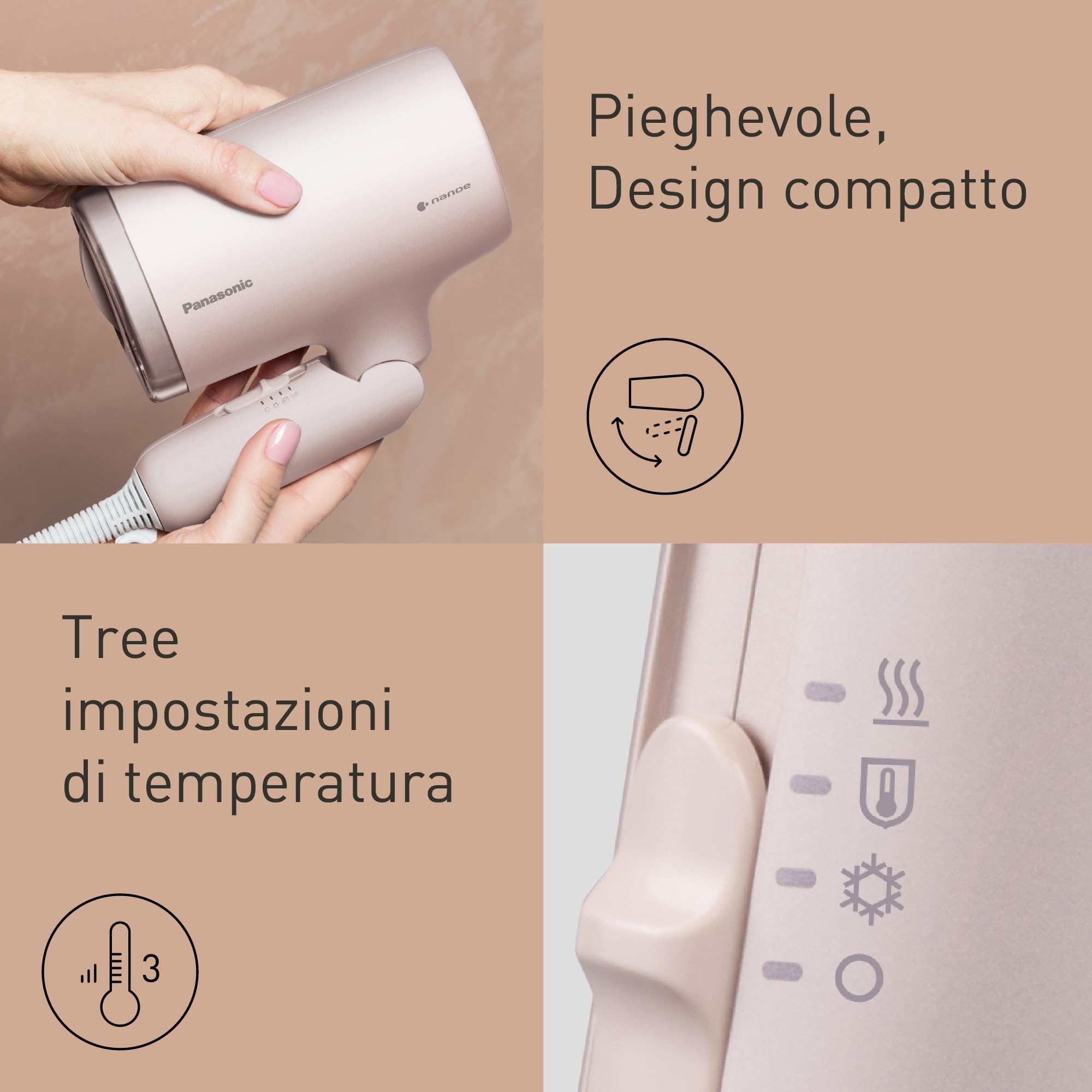 Panasonic EH-NA7M-P825 Asciugacapelli Nanoe per Capelli Lucenti, Pieghevole, Asciugatura Rapida, Beccuccio Concentratore, 1600W, Rosa Chiaro
