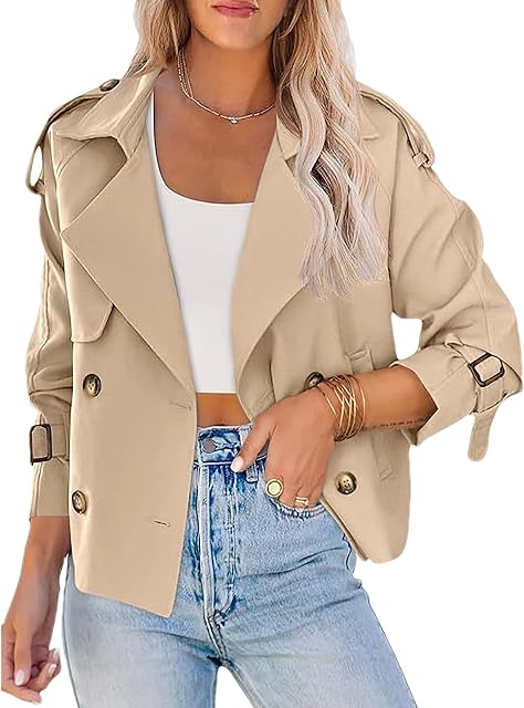 Womens Cropped Trench Coat Long Sleeve Casual Loose Lapel Double Breasted Short Jacket Outwear with Pockets (Light khaki S)