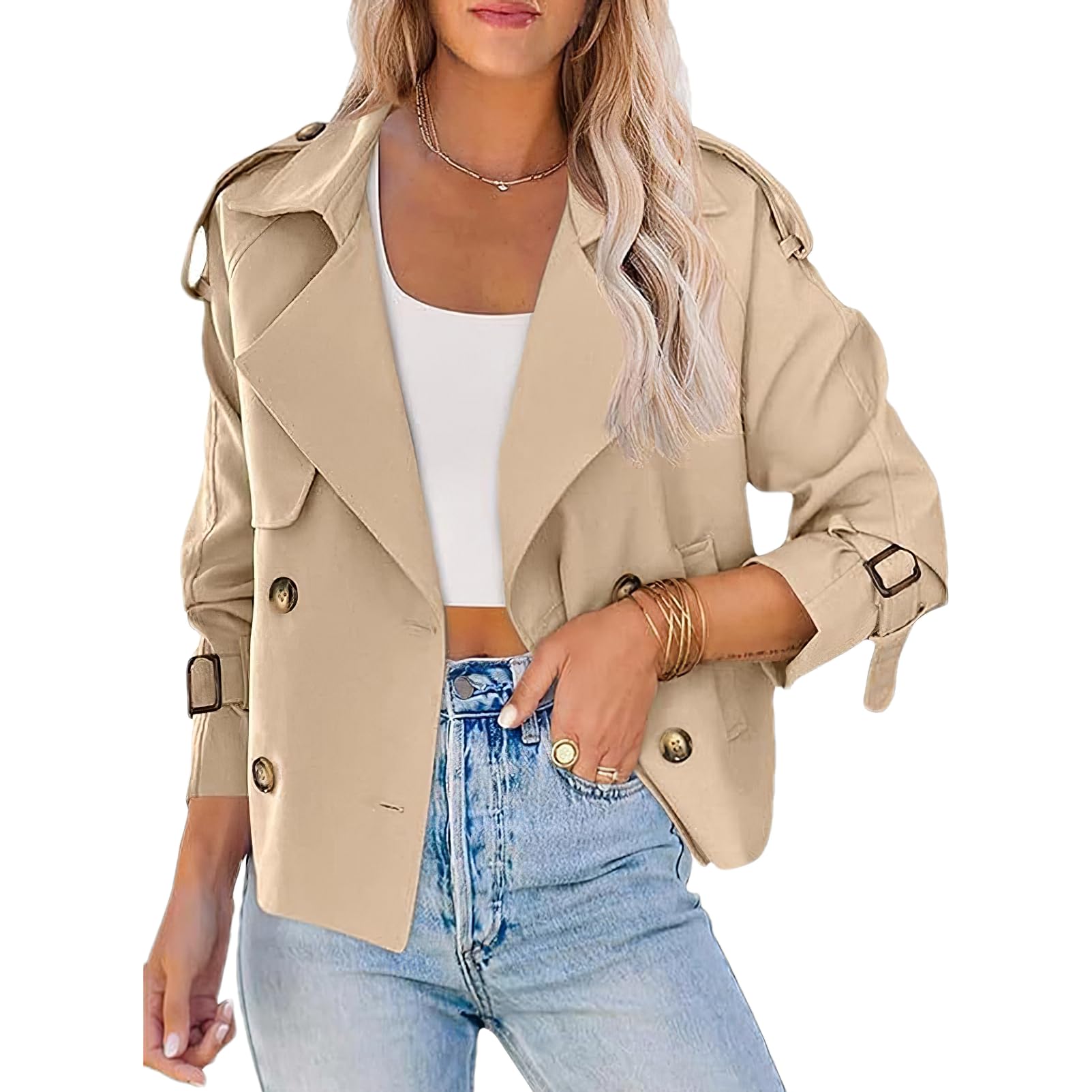 Momuk Gabardina Recortada para Mujer Manga Larga Casual Solapa Suelta Doble Botonadura Chaqueta Corta Outwear con Bolsillos