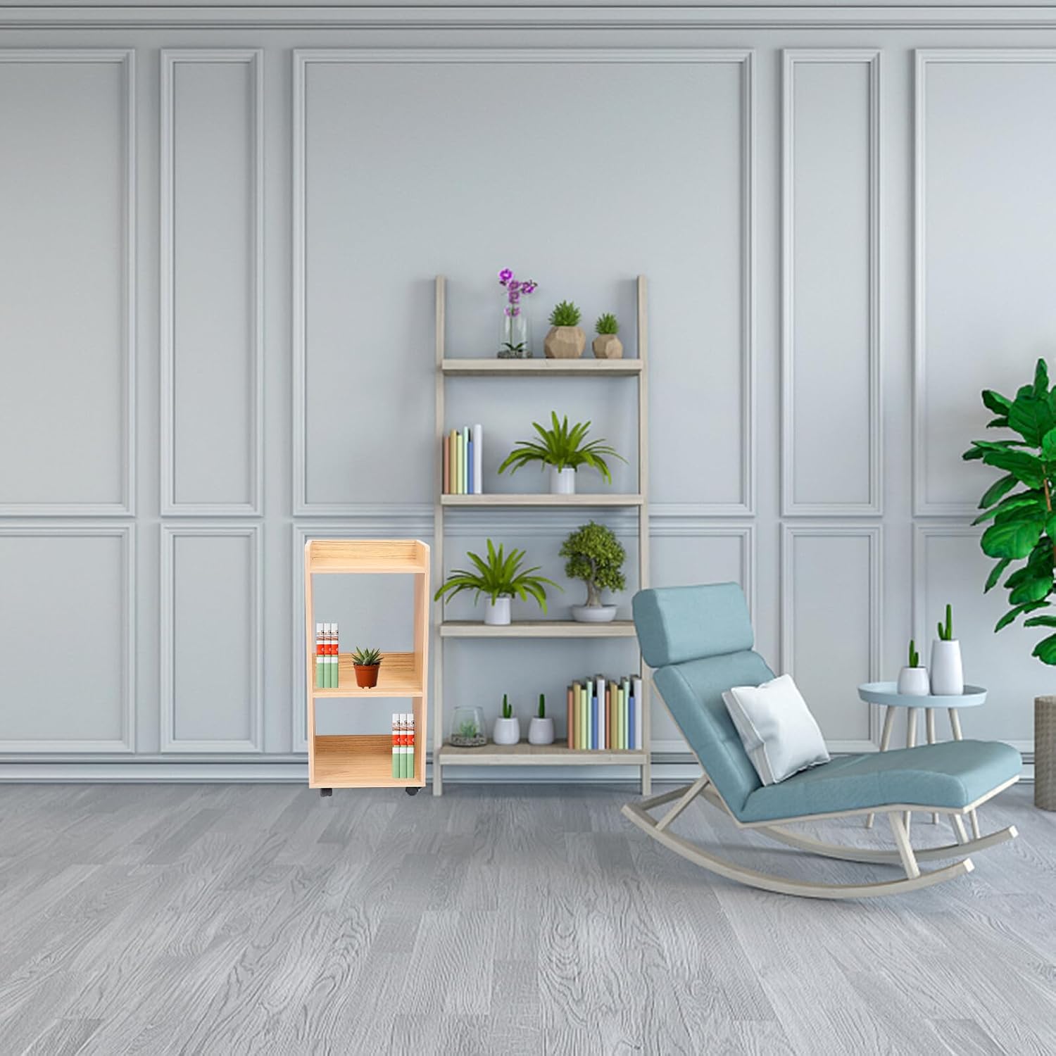 Wooden Floor Storage Cabinet with Swivel Wheels 30x24x66cm Retro Moving Storage Shelf for Home Organization and Living Room Use