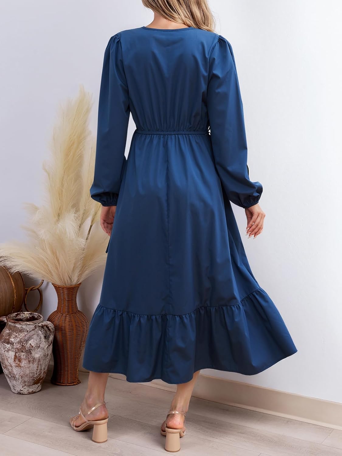 CUPSHE Women's Fall Dresses 2025 Long Sleeve V Neck Casual Outfits A Line Tunic Waist Ruffled Vacation Flowy Maxi Party Dress - Image 3