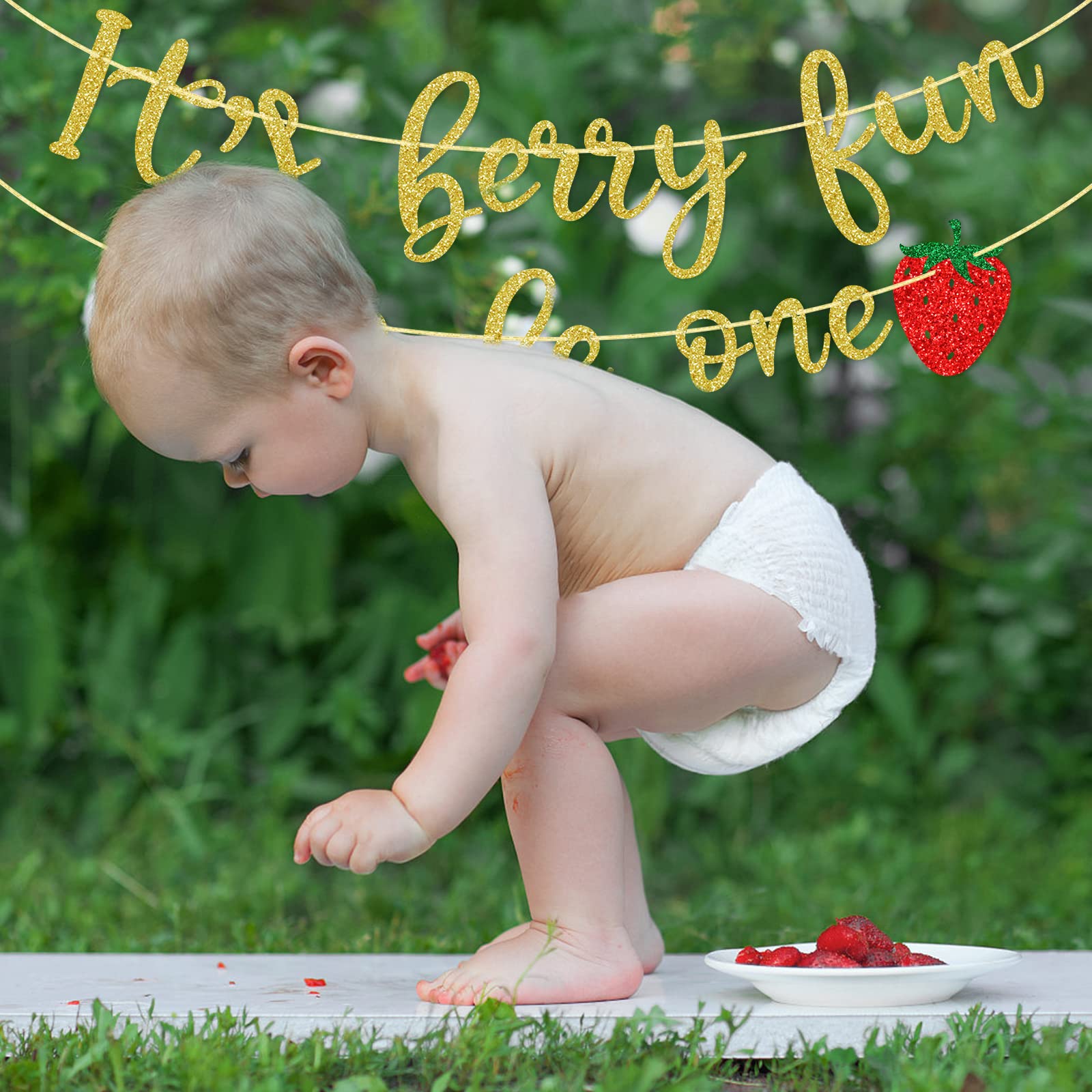 "It's Berry Fun To Be One" Banner – 1st Birthday Decor, Strawberry Theme, Glitter - View #5